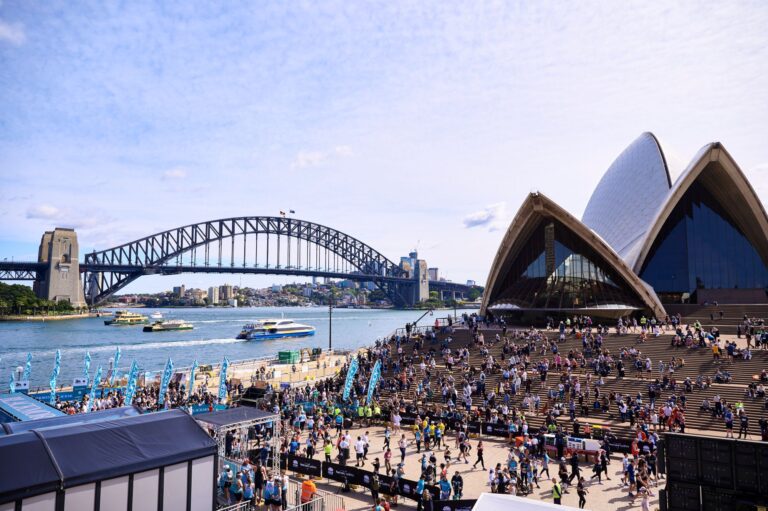 A festival of celebrations outside the Sydney Opera House during the Sydney Marathon 2024