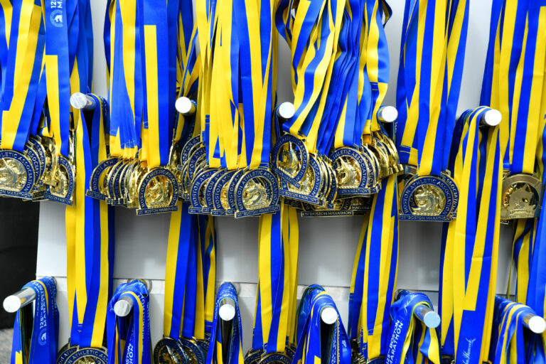 Photo of medals on offer for completing the Boston Marathon 2024