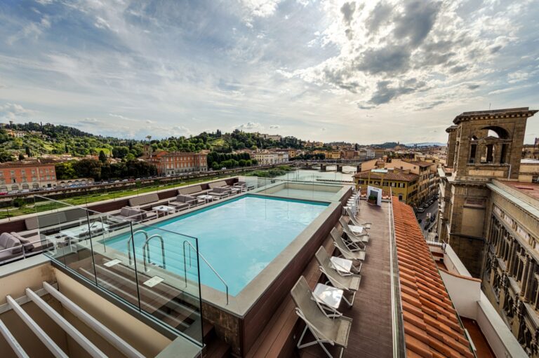 Rooftop pool at the Plaza Hotel Lucchesi, part of the Florence extension of our Rome Marathon 2027 package