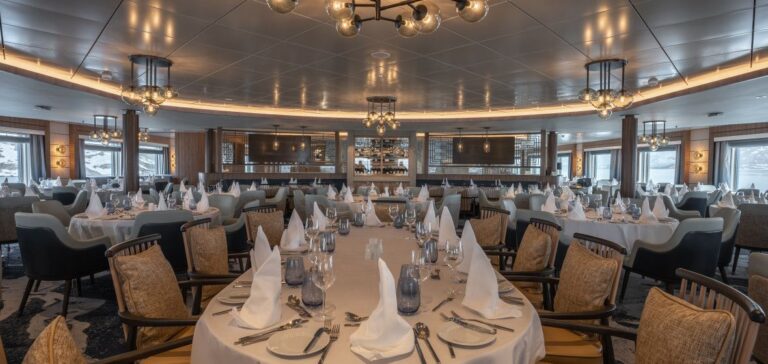Restaurant on the Ocean Albatros, ship used for the Antarctica Marathon 2025