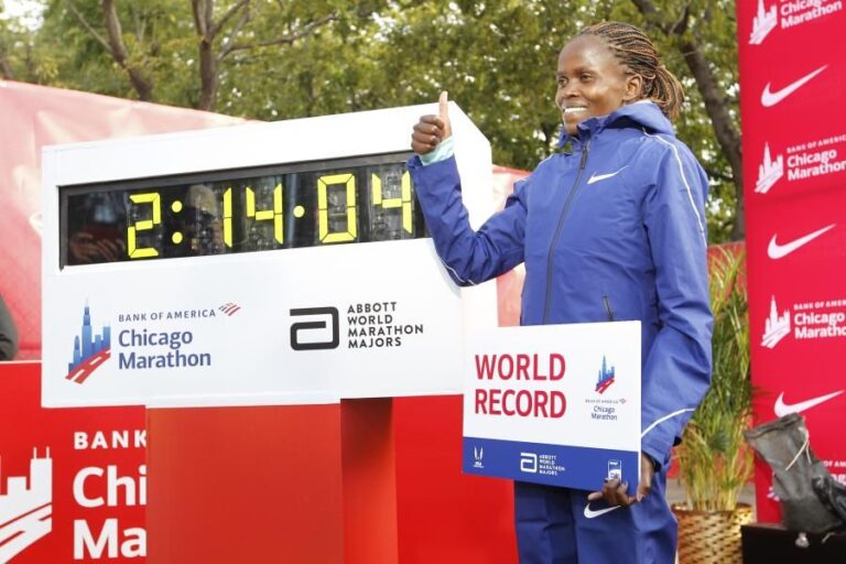 Picture of women's world record marathon runner outside the Chicago Marathon