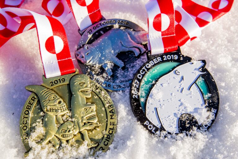 Medals available for completion of the Polar Circle Marathon 2024