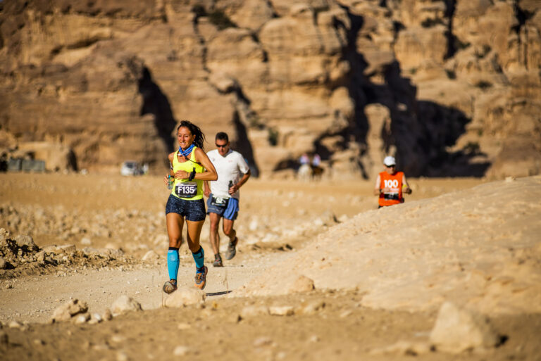 A runner battles through heat during the Petra Desert Marathon 2024