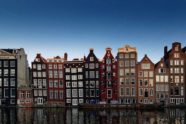 A vista image of a canal waterway in Amsterdam