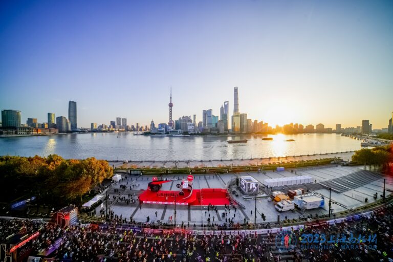Panoramic view of the Shanghai skyline during the Shanghai Marathon 2024