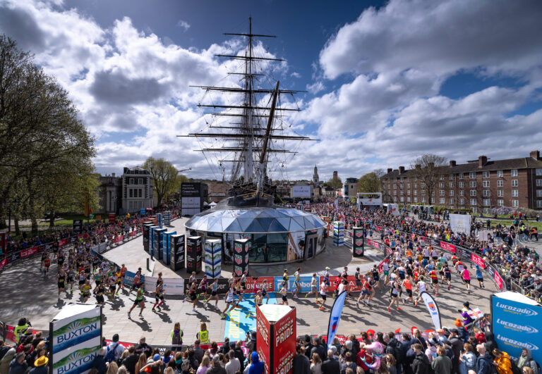 Runners rounding the Cutty Sark, part of the 2025 London Marathon course