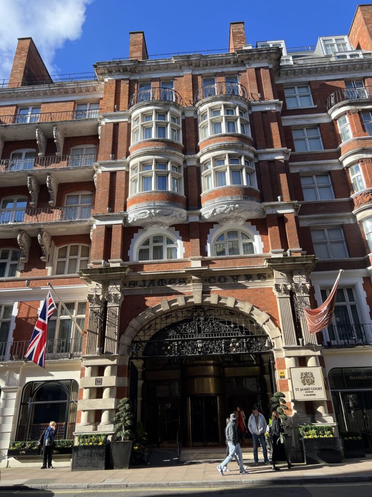 Exterior of the St. James’ Court London, A Taj Hotel, hotel for the 2025 London Marathon