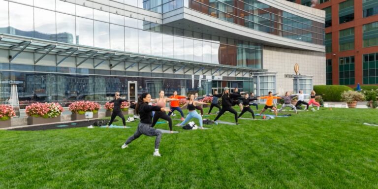 Yoga class taking place at the InterContinental Boston