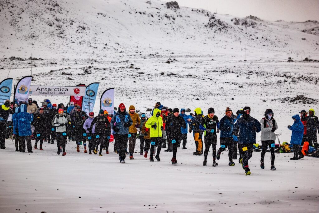 Runners setting out to take part in the Antarctica Marathon, one of the world's top marathons