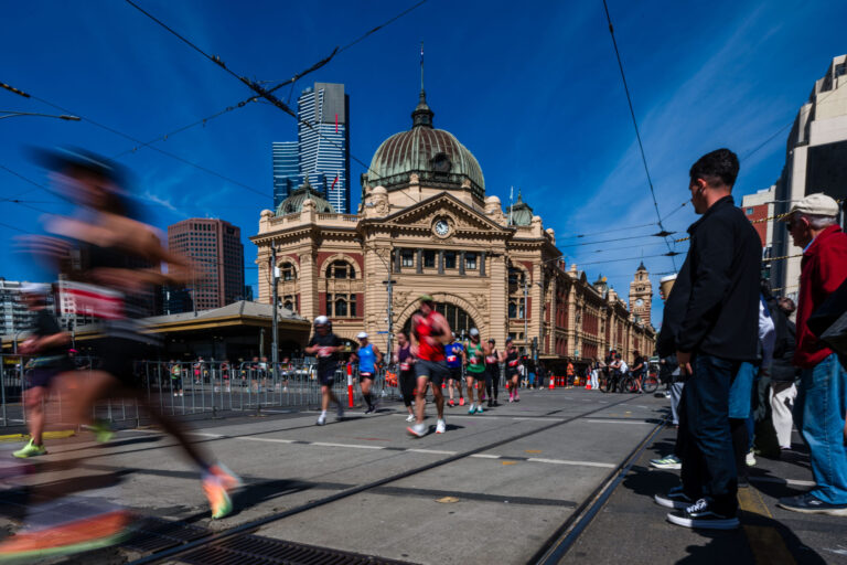 Runners passing through the Central Business District of the city during the Melbourne Marathon