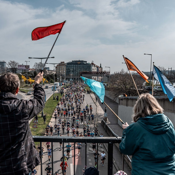 Supporters encourage runners at the Prague Half Marathon