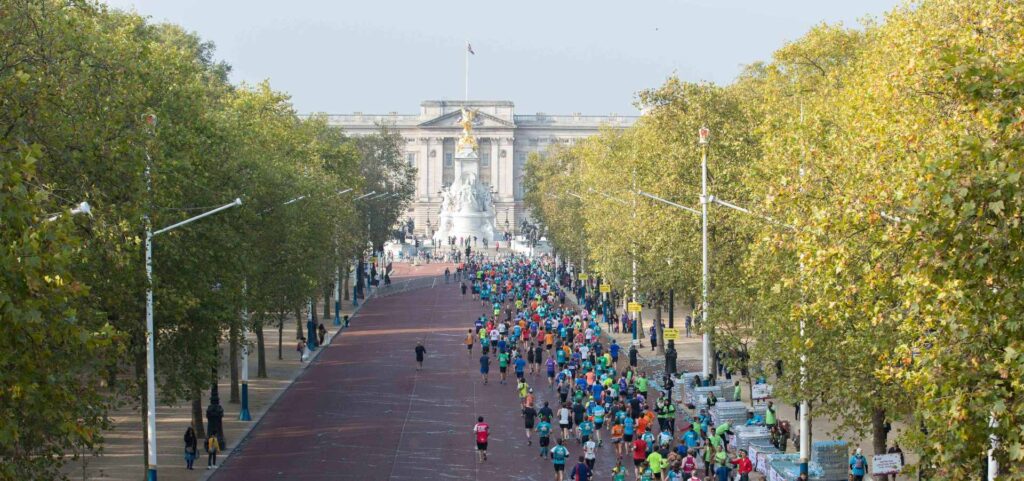 Runners passing along the Mall in London during the Royal Parks Half Marathon