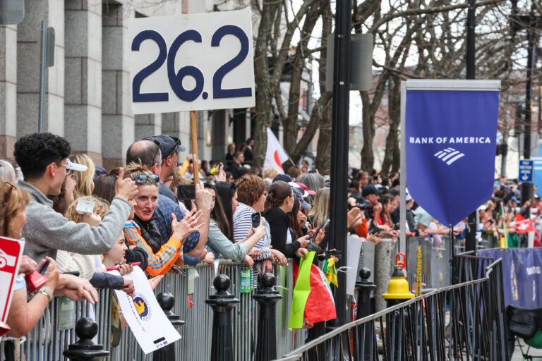 A mile marker at the Boston Marathon, one of the Abbott World Marathon Majors