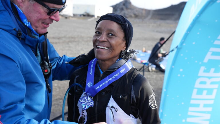 The medal handed out to runners upon completion of the Antarctica Marathon