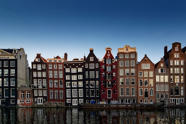 A vista image of a canal waterway in Amsterdam