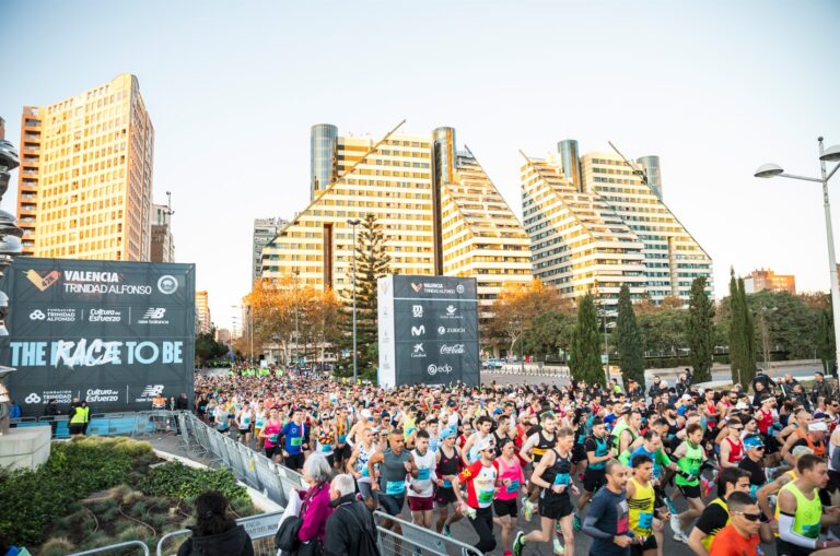 Runners passing over the start line during the Valencia Marathon